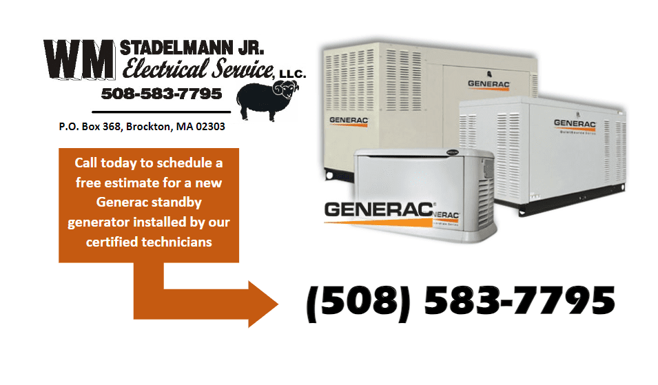 Screenshot 2025-03-24 085231 Advertisement for WM Stadelmann Jr. Electrical Service featuring images of Generac generators, contact details, and a call to action for scheduling a free estimate.
